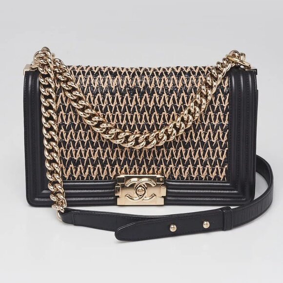 CHANEL Handbags - Chanel Black Woven Raffia and Lambskin Leather Medium Boy Bag